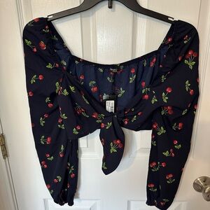 NWT Cherry Print Womens Navy Top Sz 6 Cropped Prairie Cottagecore Country Farm